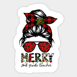 Merry 2nd Grade Teacher Messy Bun Merry Christmas Sticker